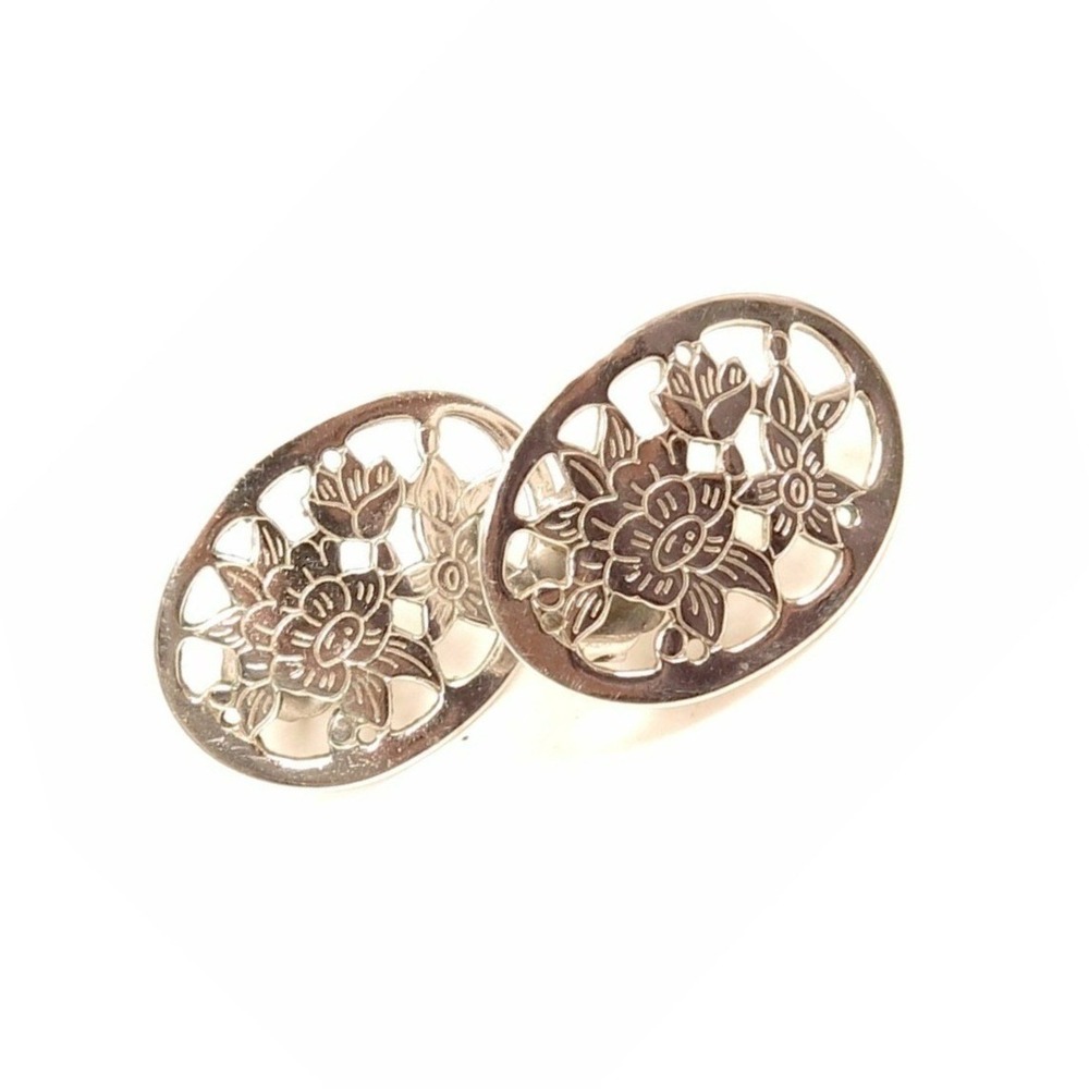 Pretty Flower Cut-Outs Vintage Silver Plated‎ Oval Floral Pierced Earrings